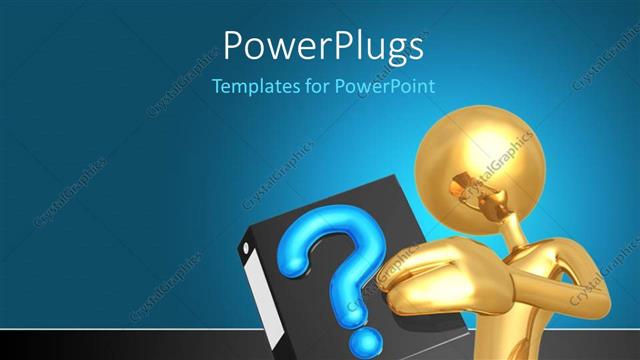  Presentation with question - 3D golden human figure holding questions book with blue color