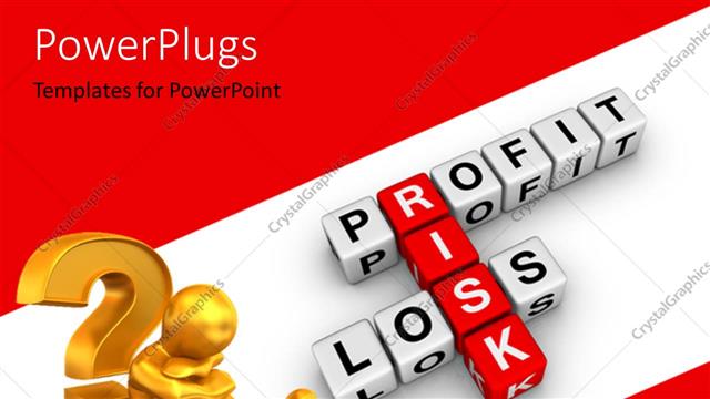  Presentation with profit loss - 3D golden person sitting aside question mark with profit loss and risk keywords, and white color