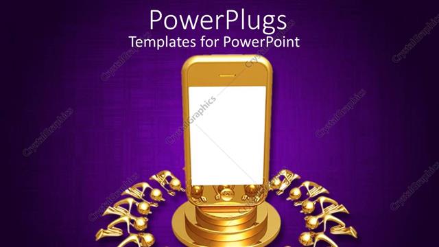  Presentation with touch screen - 3D golden smart phone on podium surrounded by kneeling to the phone