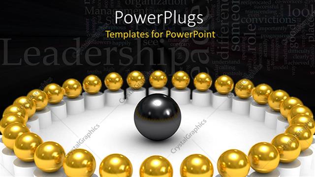 Presentation with related - 3D golden spheres in circle and black sphere in the middle of circle with word cloud related to leadership