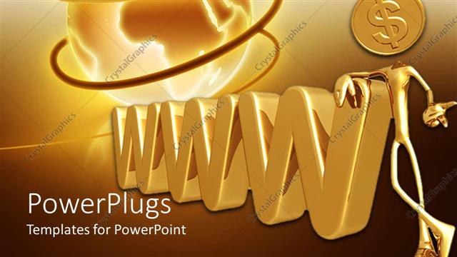  Presentation with www - 3d golden www and figure with dollar coin standing against www with glowing globe in the background