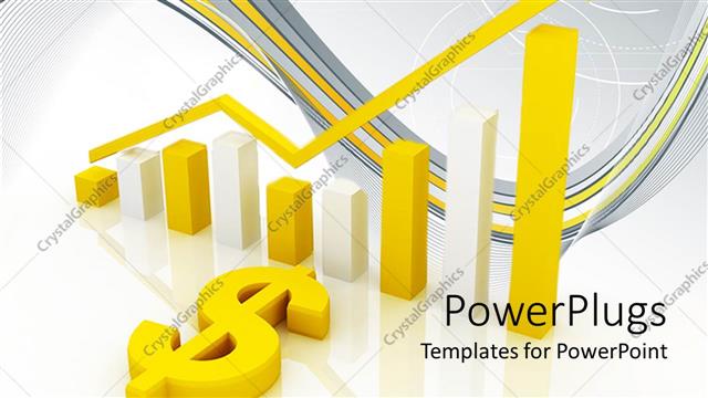  Presentation with growth chart - 3D graphic chart with white and yellow bars and rising yellow arrow and dollar sign