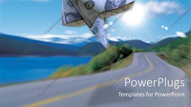  Presentation with flying - 3D graphics of a dollar kite flying over a sky and a road