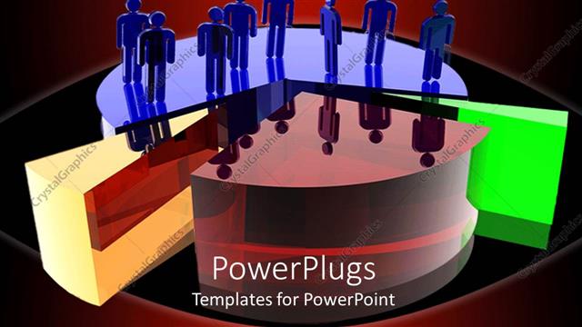  Presentation with eight - 3D graphics of eight blue colored human characters standing on a pie chart