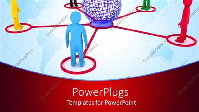  Presentation with graphics - 3D graphics of five multi colored human characters standing round a globe