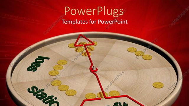  Presentation with graphics - 3D graphics of a flat silver disk with yellow buttons and a red arrow