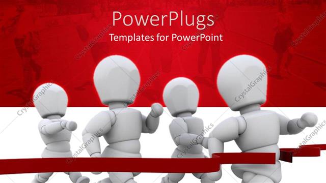  Presentation with four graphics - 3D graphics of four white human characters running to a red line