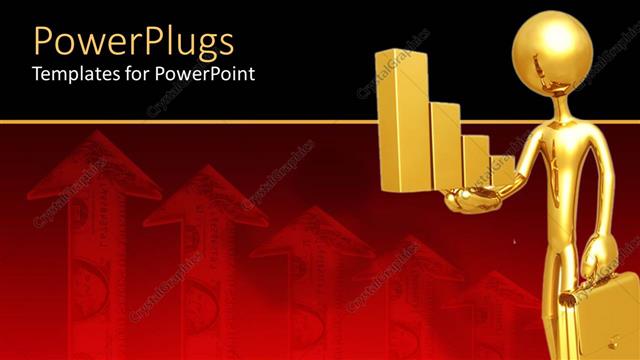  Presentation with gold bars - 3D graphics of a gold colored character holding a briefcase and some bars