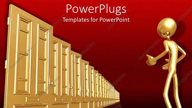  Presentation with graphics - 3D graphics of a gold colored human character  staring at some gold doors