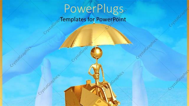  Presentation with umbrella - 3D graphics of a gold colored human holding an umbrella and sitting on a house