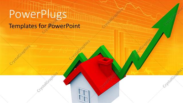  Presentation with green house - 3D graphics of a green large arrow over a small house