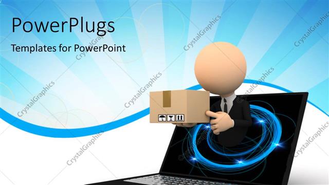  Presentation with laptop - 3D graphics of a human character holding a package coming out of a laptop