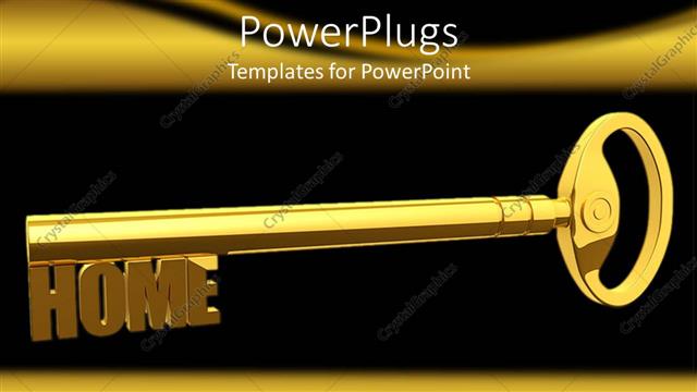  Presentation with graphics - 3D graphics of a large gold colored key and  text which spells out the word