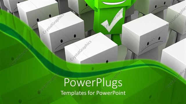  Presentation with graphics - 3D graphics of lots of frowning characters with a smiling green one