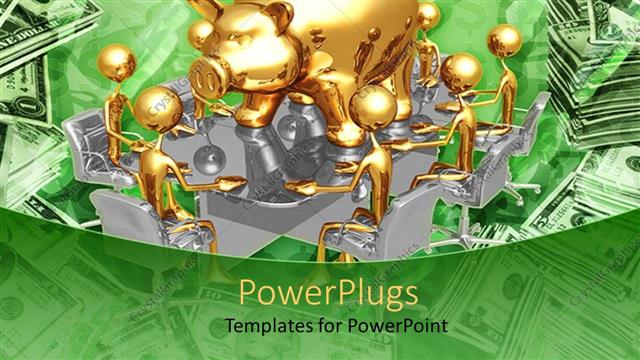  Presentation with piggy bank - 3D graphics of lots of gold colored men sitting round a piggy bank