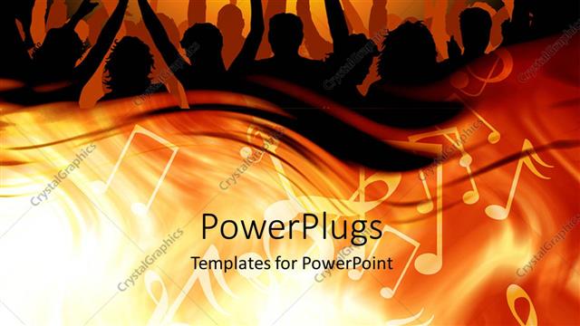  Presentation with graphics - 3D graphics of lots of people raising ther hands and dancing with a music theme