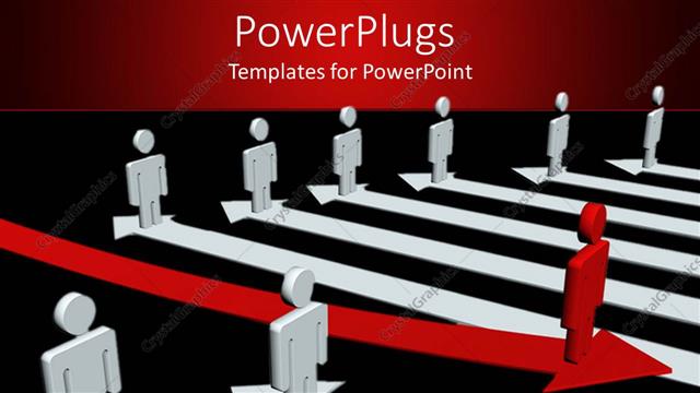 Presentation with leadership graphics - 3D graphics of lots of white human characters standing on arrows and a distinct red one