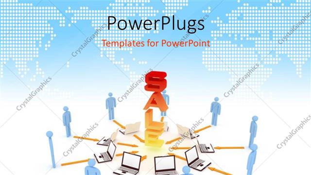  Presentation with sales - 3D graphics of nine character standing in frony of open laptops and a large text