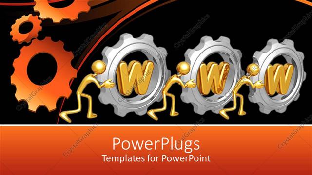  Presentation with www - 3D graphics of three characters pushing some silver gears with some text