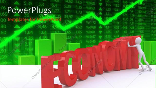  Presentation with economy - 3D graphics of a white character pushing a text that spells out the word 