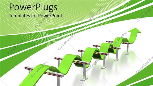  Presentation with going green - 3D green arrow going over multiple obstacles to achieve success