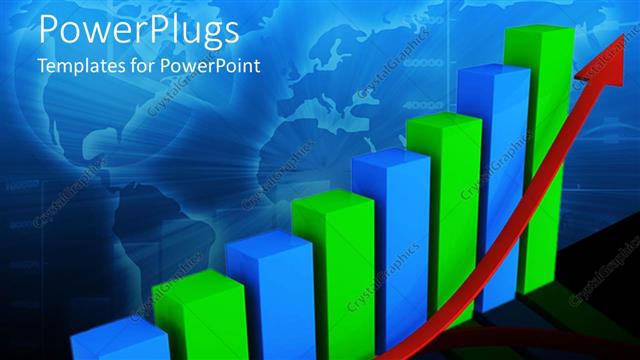  Presentation with map graph - 3D green and blue graphic bars chart with red rising arrow and world map on background