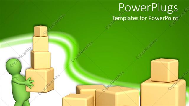 Presentation with boxes - 3D green figure carying 3D boxes of various size and 3D boxes of different sizes on the ground on green and white background
