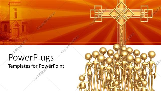  Presentation with golden - 3D group of golden figures with adults and children in front of big golden cross and depiction of church