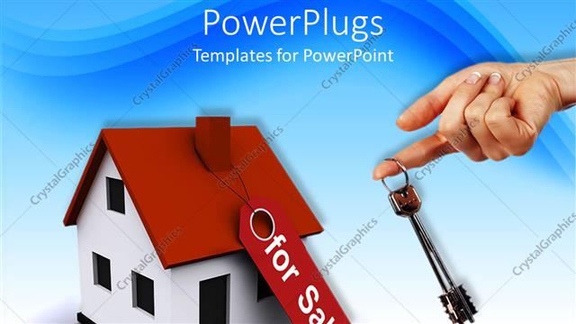  Presentation with house key - 3D house with for sale tag and woman hand holding two keys on a key chain