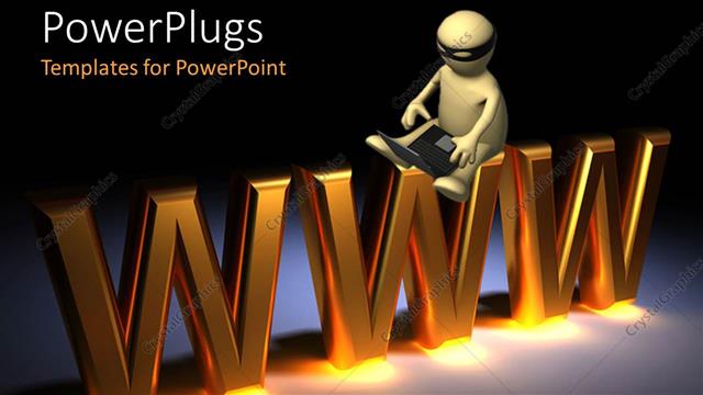  Presentation with www - A 3d human character with an open laptop and a text with text which spells out the word