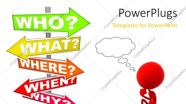  Presentation with questions - 3D human character sitting on stone and thinking with questions sign post and white color