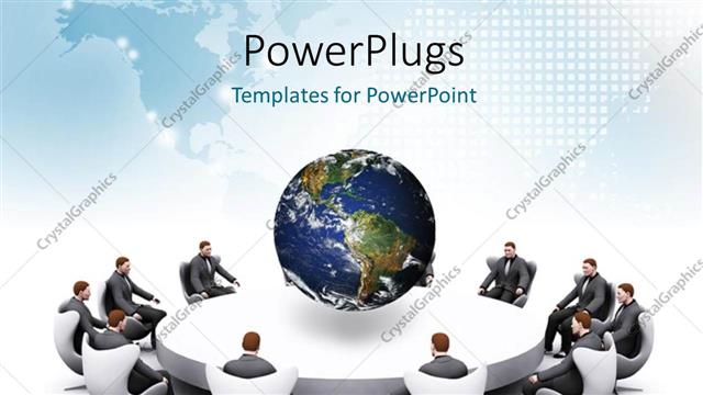  Presentation with round table - 3D human characters sitting round a table with an earth globe