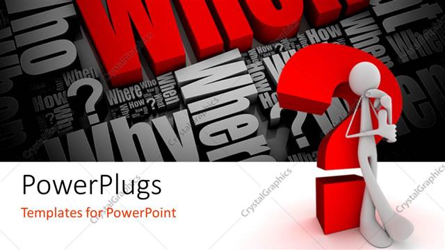  Presentation with human mind - 3D human figure standing near to big question mark in red with different questions