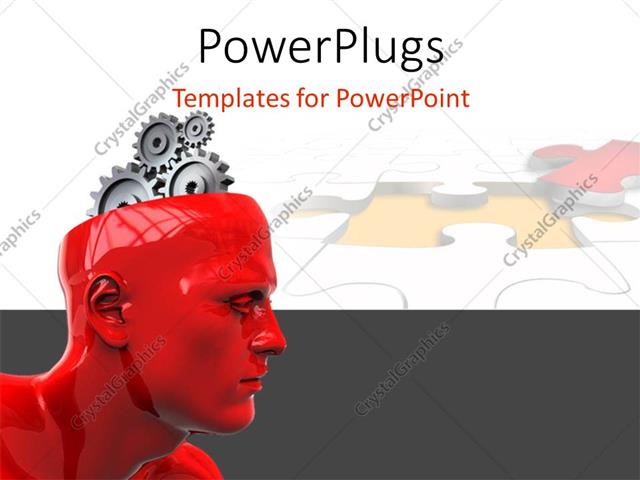  Presentation with brain - A 3D human head with silver colored gears for a brain