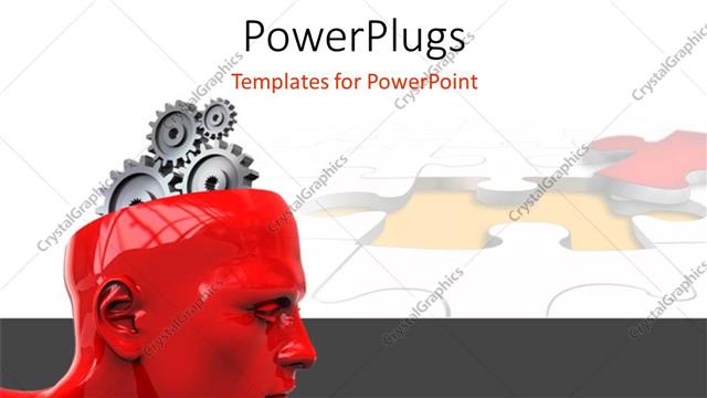  Presentation with brain - A 3D human head with silver colored gears for a brain