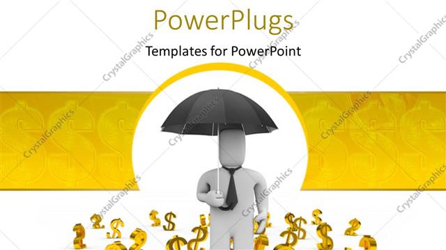  Presentation with dollar signs - 3D man carrying umbrella with gold dollar signs on floor?