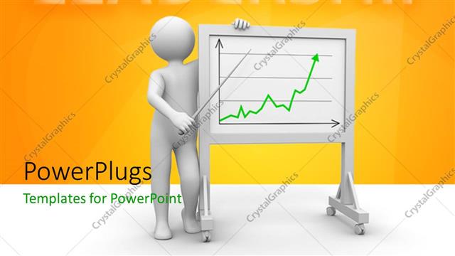  Presentation with leader - 3D man delivering presentation with green line chart on white board