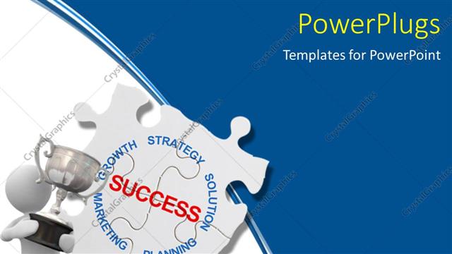  Presentation with trophy - 3D man hold silver trophy high with SUCCESS puzzle in background