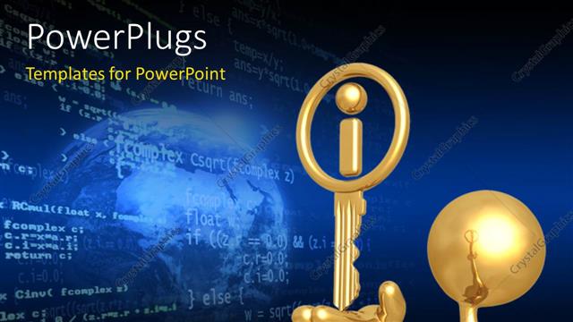  Presentation with information - 3D man holding gold key in hand with information icon