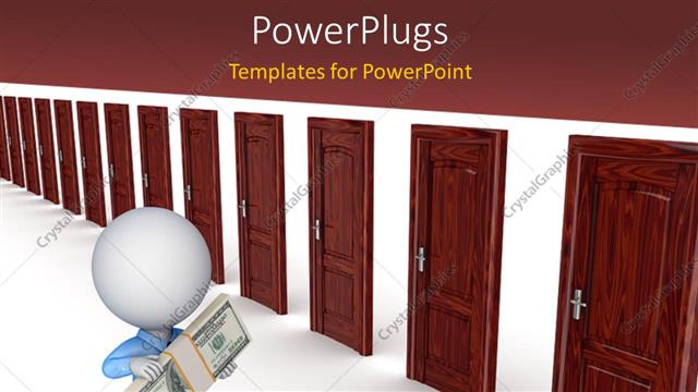  Presentation with choice - 3D man holding stack of dollar bills faced with multiple doors
