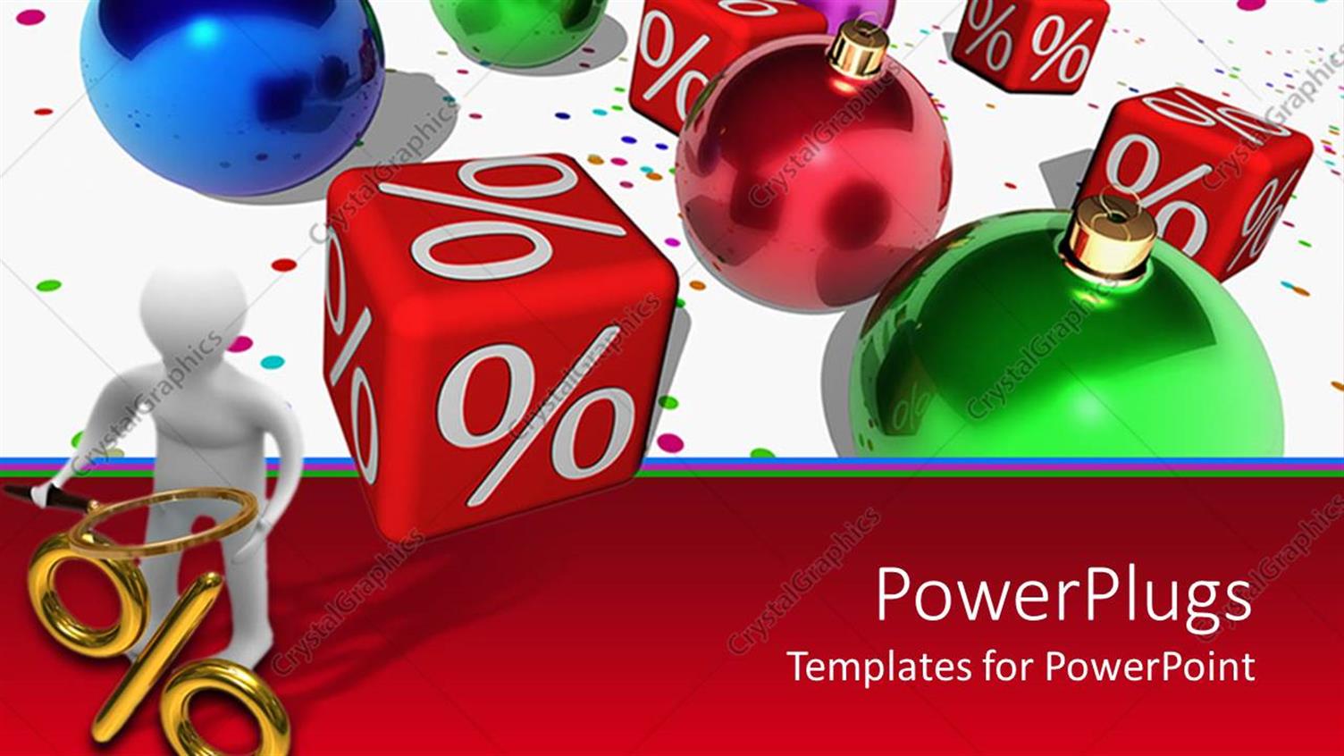 Featuring 3D Man Holds Magnifying Glass Over Percentage Symbol with Christmas Ornaments