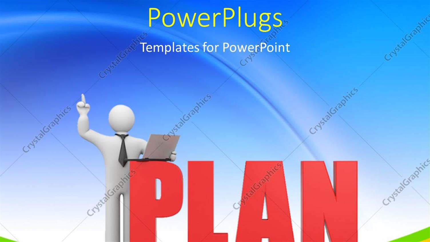 Featuring 3D Man with Laptop Over Blue Background with Text PLAN