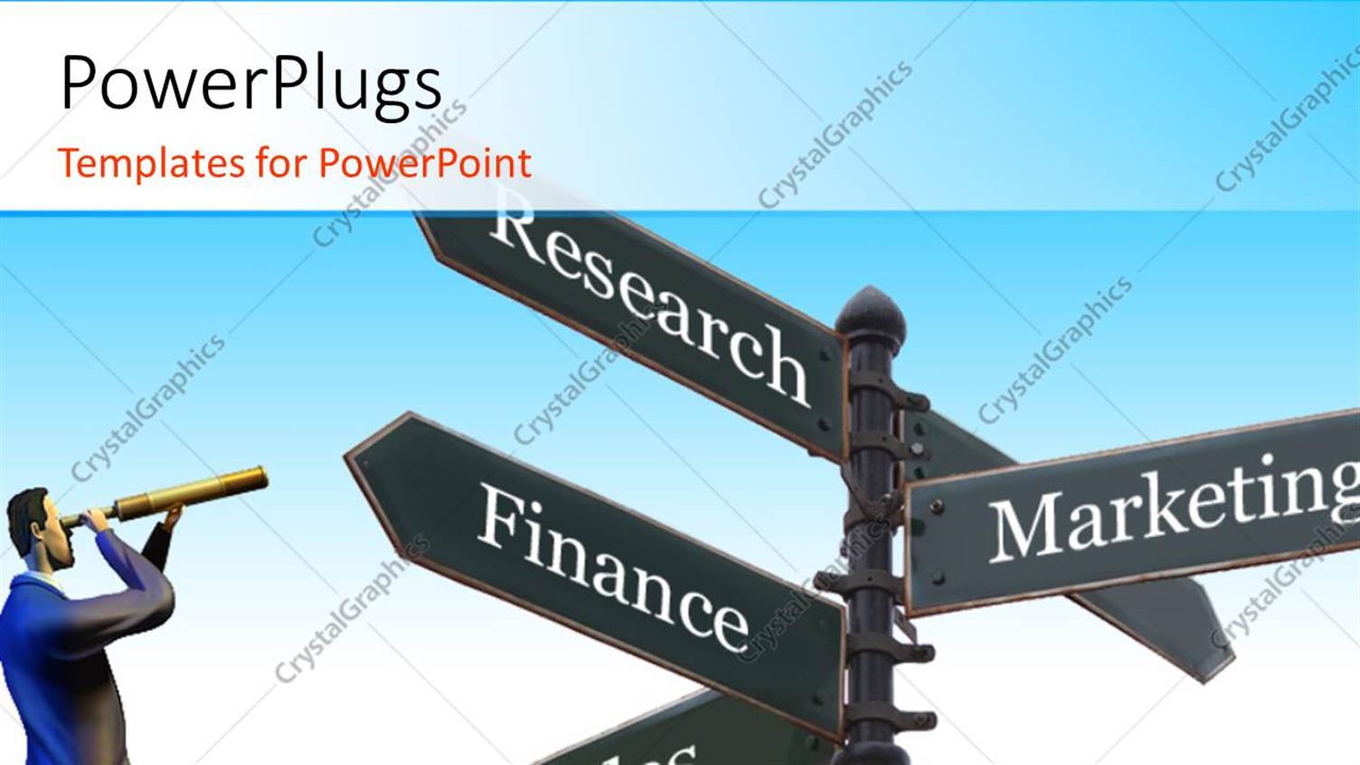 Featuring 3D Man Looking Through Focus Glass with Business Related Signpost