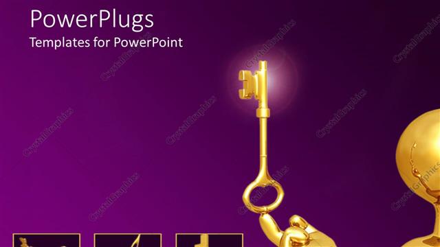  Presentation with purple gold - 3D man plated in gold balancing key in head on purple background