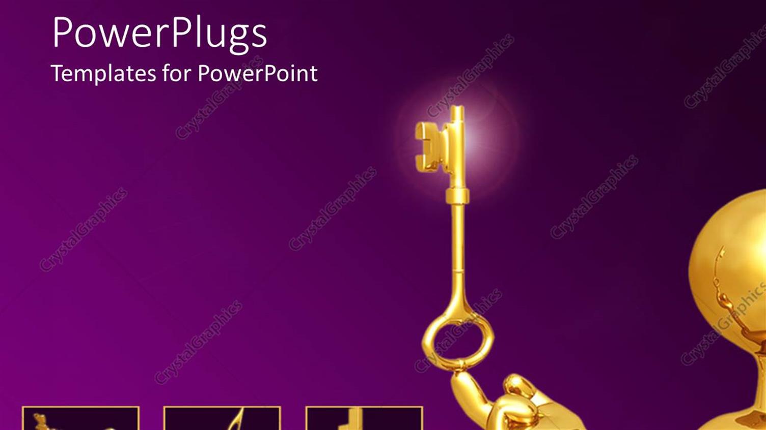 Featuring 3D Man Plated in Gold Balancing Key in Head on Purple Background