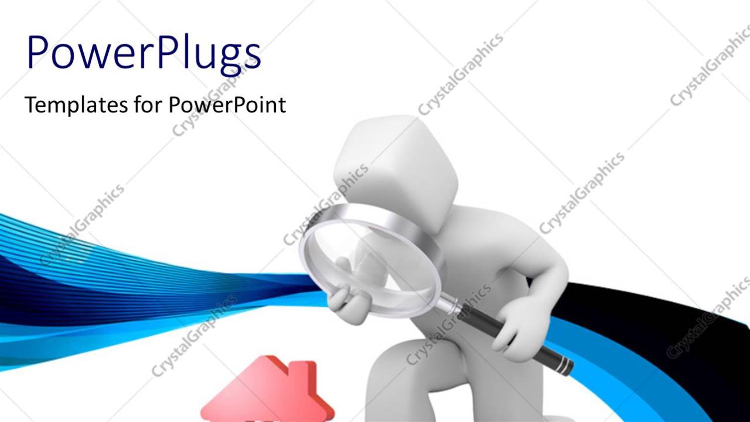 Featuring 3D Man Searches Through House with Magnifying Glass on White Background