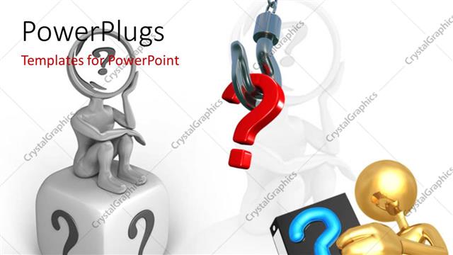  Presentation with search - 3D man seek answer in book with question mark symbol hanging