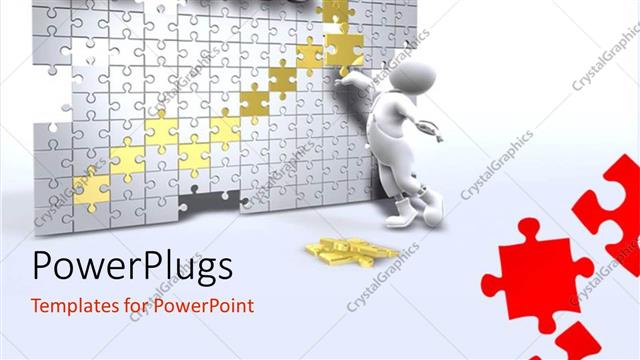  Presentation with solving - 3D man solving success jigsaw puzzle with red, gold and white pieces