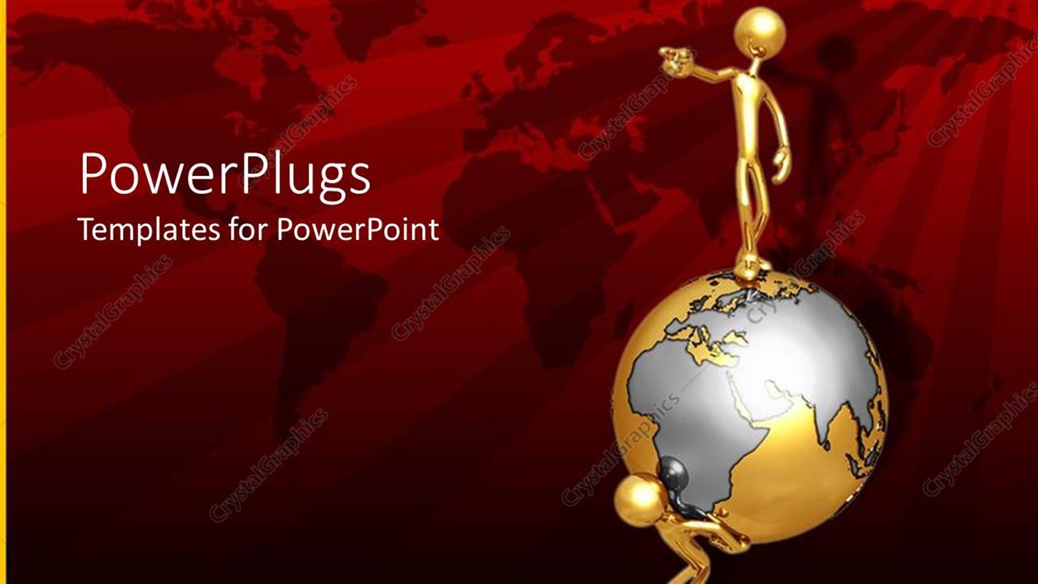 Featuring 3D Man Stands on Earth Globe with World Map in Red Background