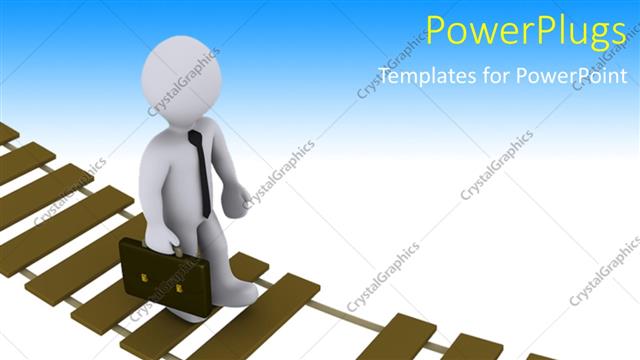  Presentation with suspension - 3D man walking on damaged suspension bridge depicting business risk
